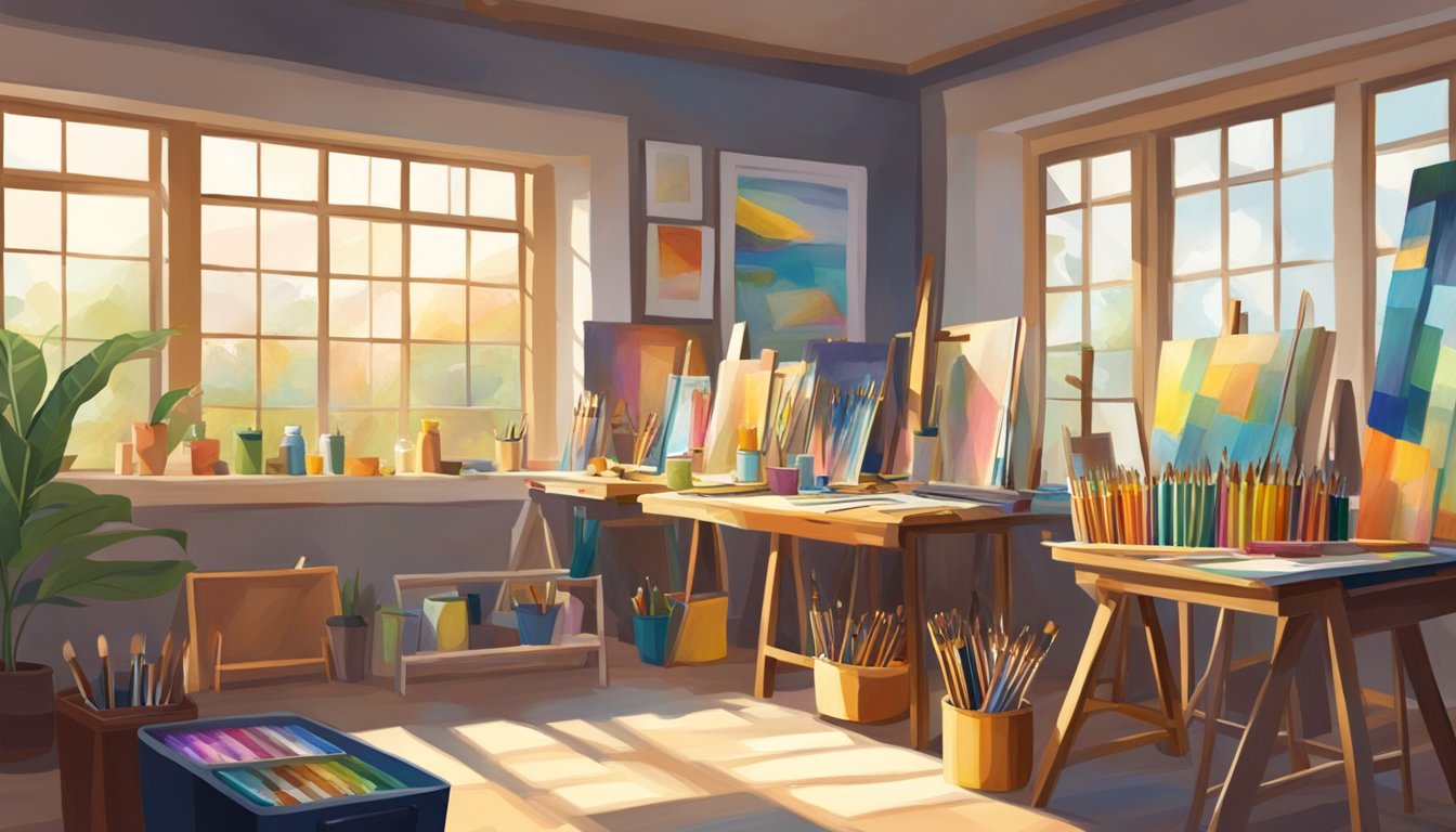 Et kunststudio fylt med fargerike lerreter, pensler og naturlig lys som strømmer gjennom store vinduer