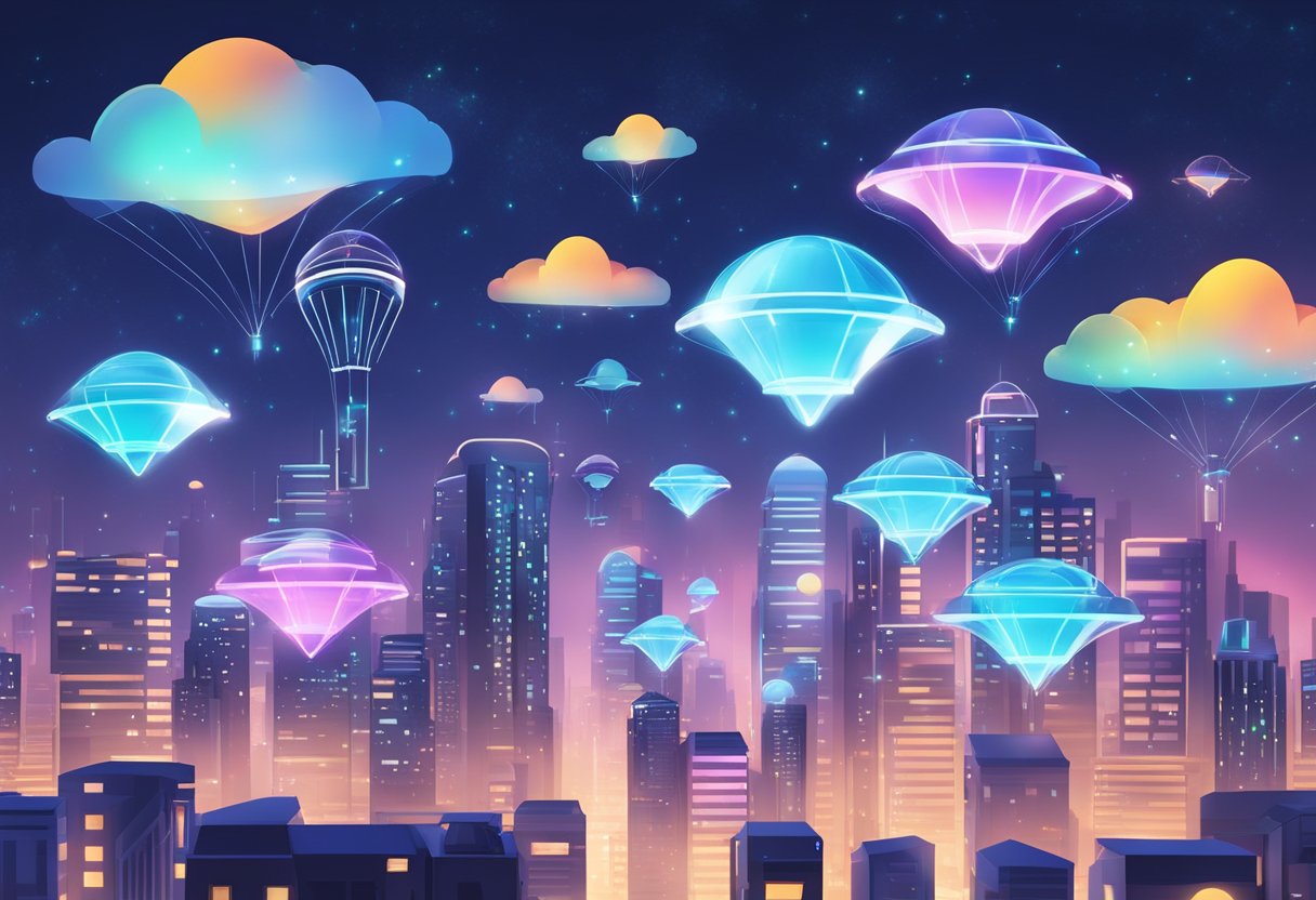 A futuristic cityscape with holographic social media icons floating above buildings. The sky is filled with drones delivering digital messages