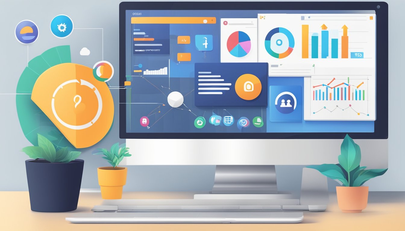 A digital marketing scene with a computer, social media icons, and a graph showing brand reputation and growth