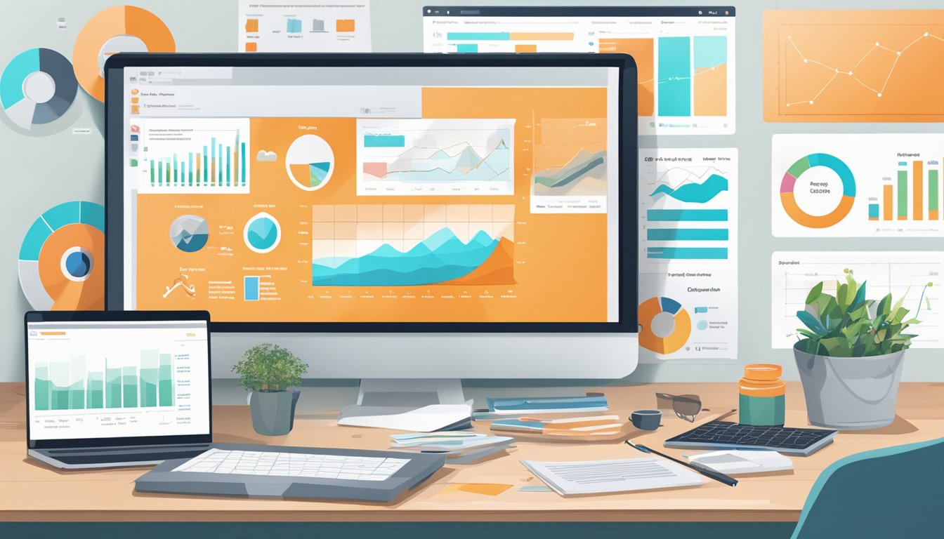 A desk with a computer showing SEMrush analysis tools, surrounded by charts, graphs, and competitor research reports