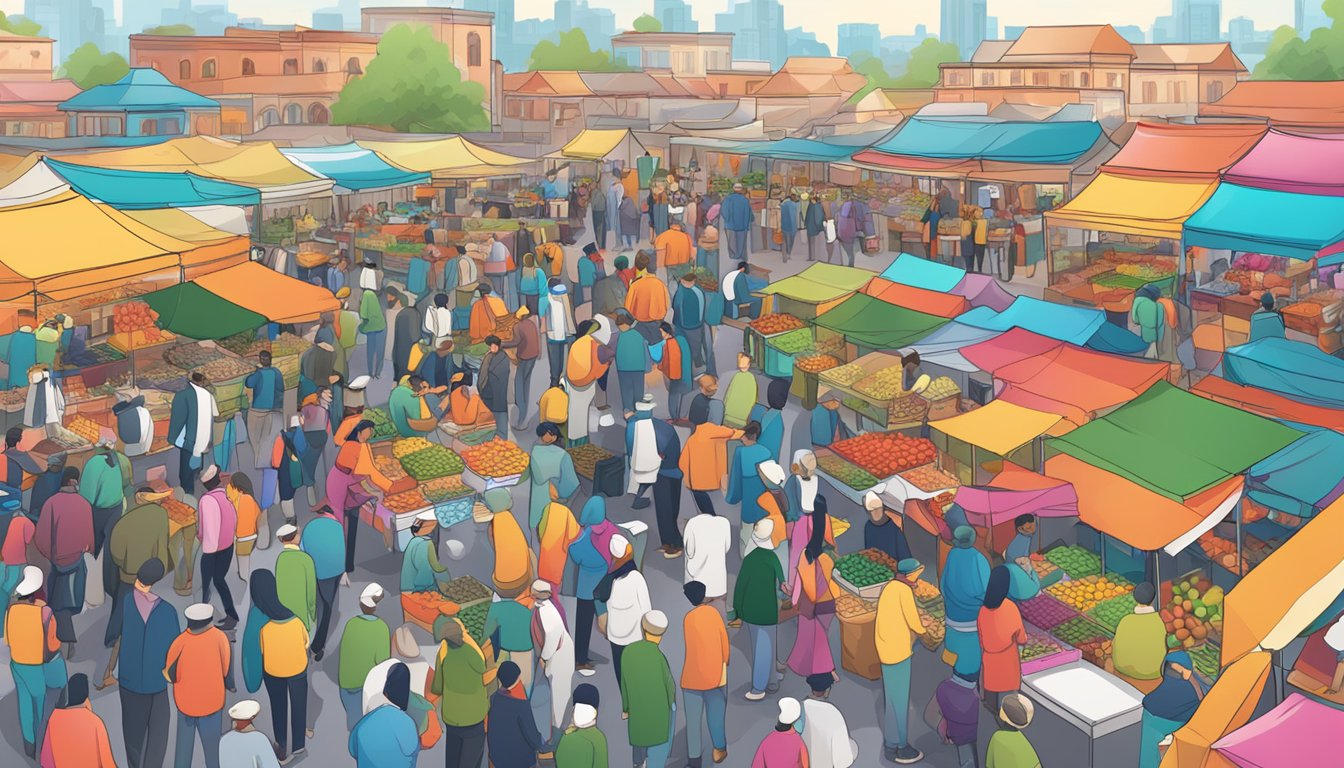 A bustling market with colorful stalls, diverse products, and lively interactions between vendors and customers