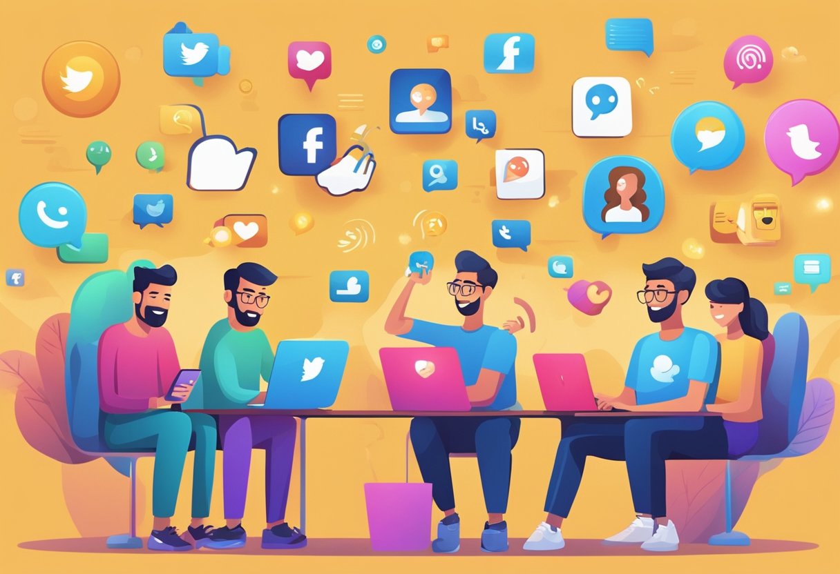 People interacting on social media, with phones and computers. Emojis, likes, and comments floating around. A mix of excitement, frustration, and joy on their faces