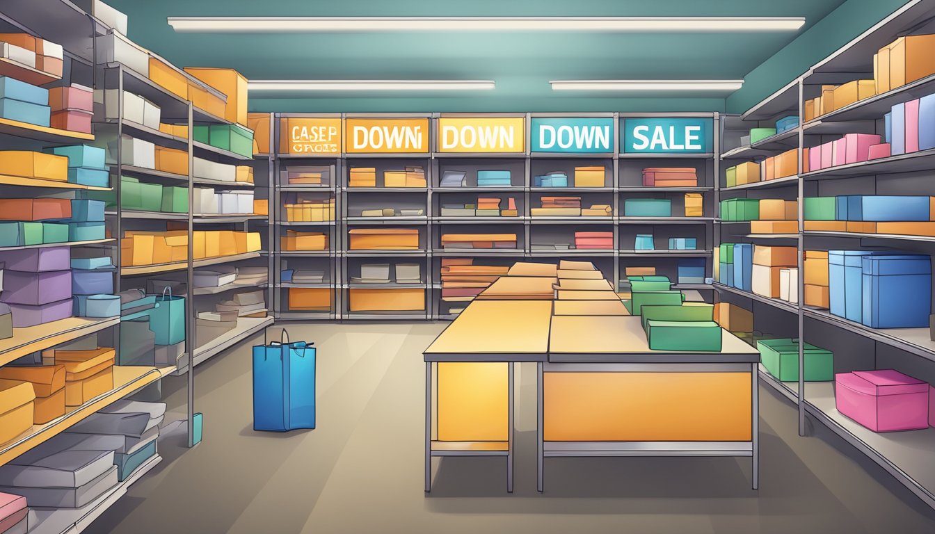 A closing down sale at a budget online store. Empty shelves, "closing down" signs, and discounted items scattered around