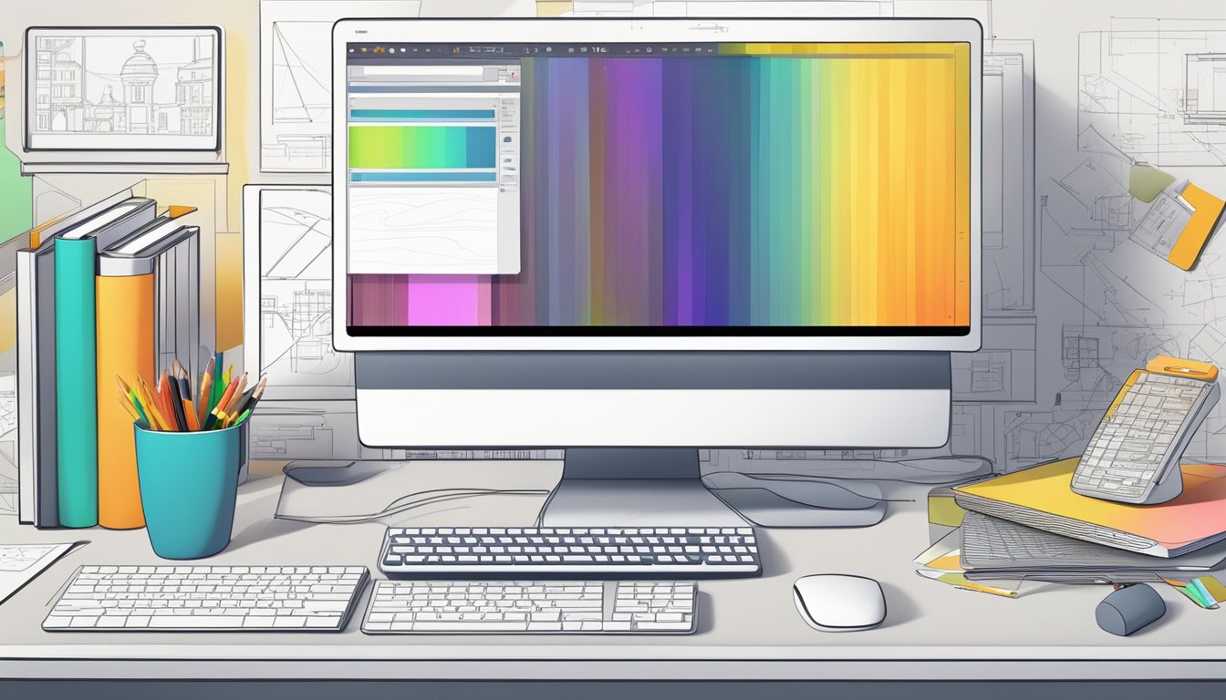 A modern computer with design software open, surrounded by sketches and color swatches