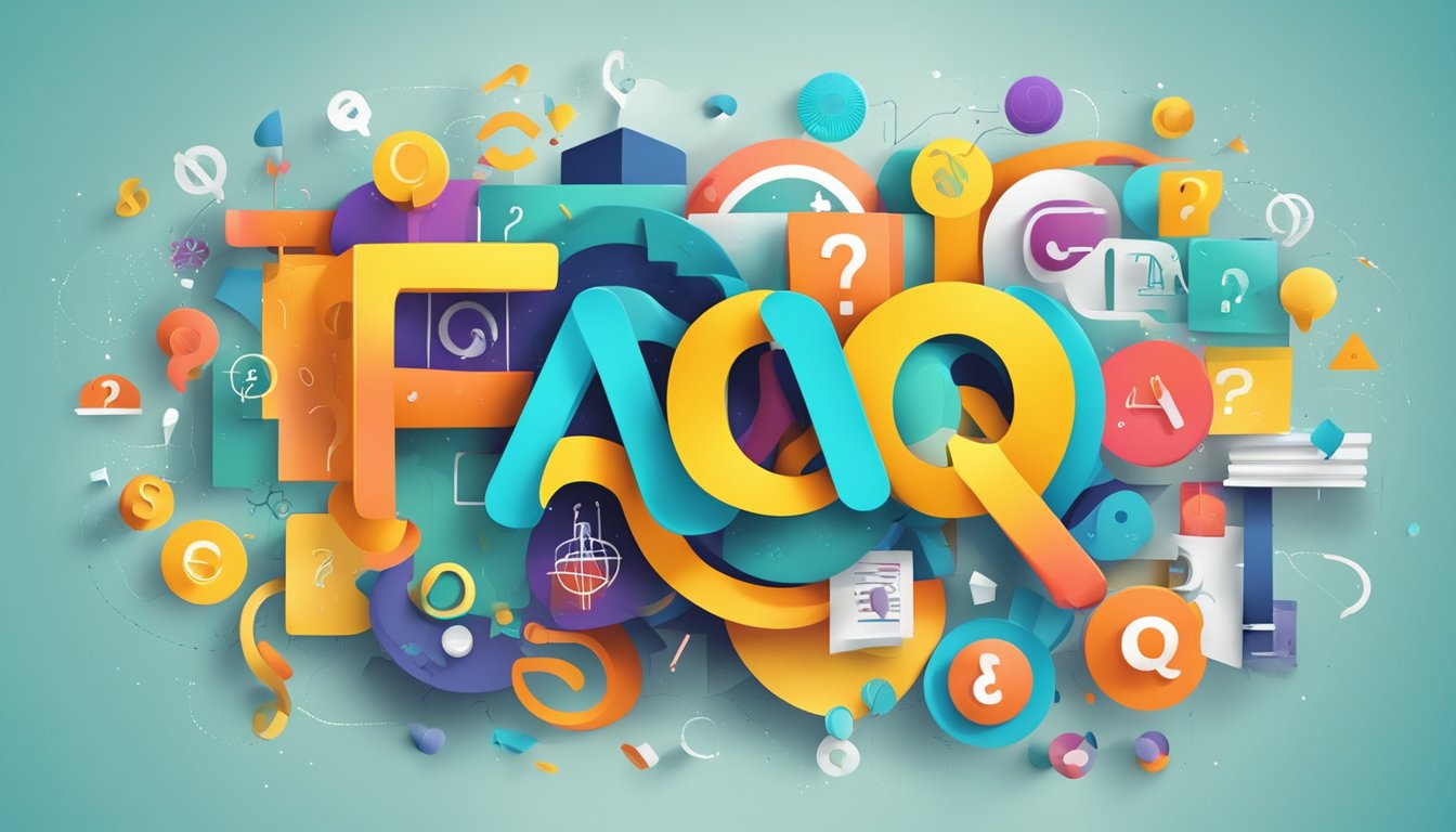 A colorful, abstract design of the letters "FAQ" intertwined with a question mark, surrounded by various symbols and icons representing different topics and inquiries