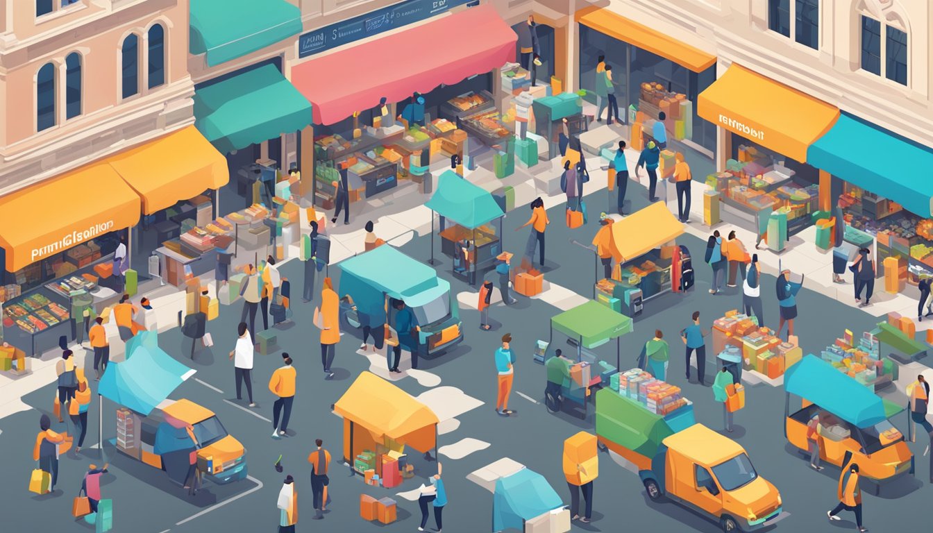A busy marketplace with various promotional activities and channels, including digital, print, and outdoor advertising. Planning and strategizing for marketing campaigns
