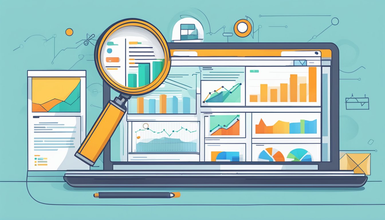 SEO: A computer screen displaying search results, with a magnifying glass hovering over relevant keywords. A graph showing website traffic increasing
