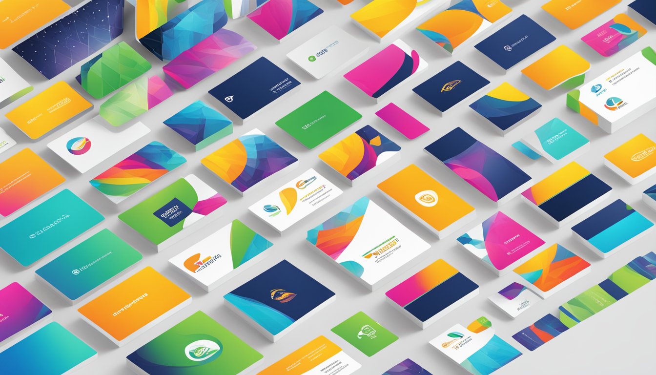 A vibrant logo displayed on various marketing materials, including business cards, banners, and digital screens