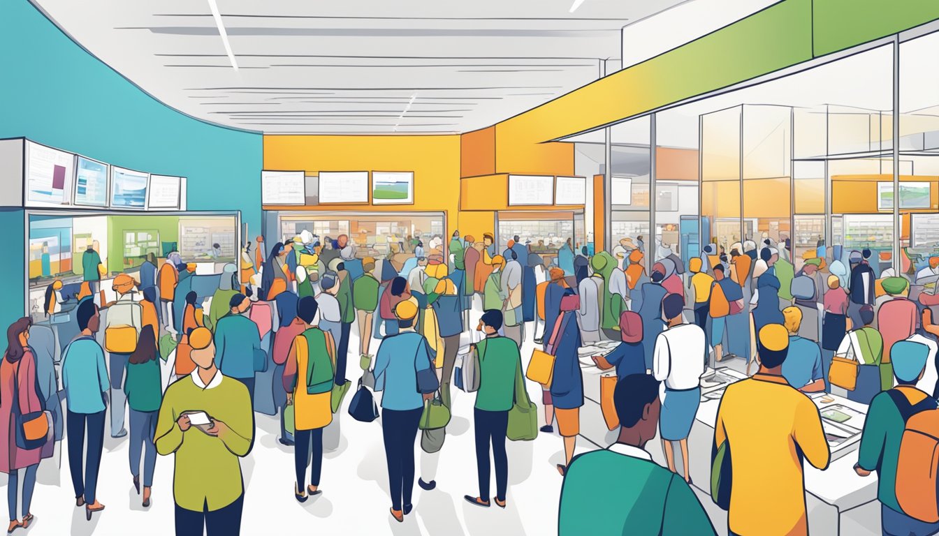 A crowded room with people browsing through information booths and attending presentations on market planning