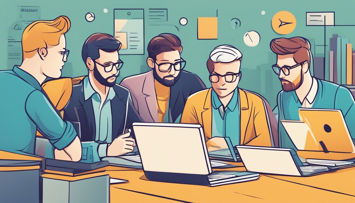 A group of people evaluating and discussing a new website design for further development