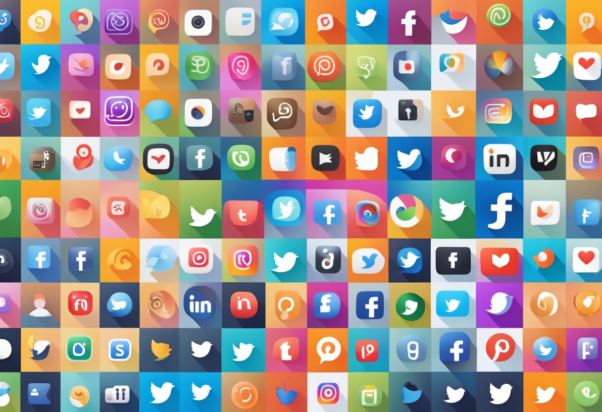 Various social media icons arranged in a grid, including Facebook, Instagram, Twitter, and YouTube, with colorful backgrounds