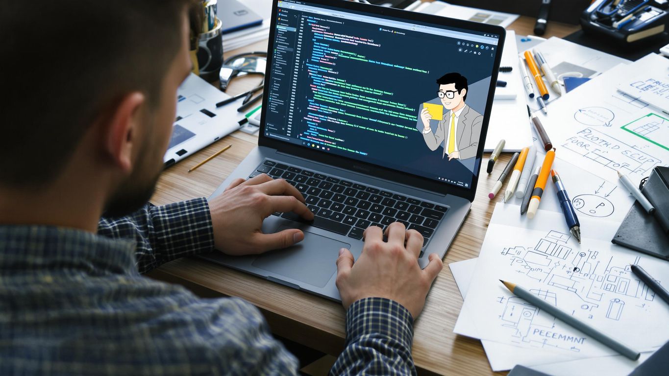 En webutvikler jobber med kode på en laptop.