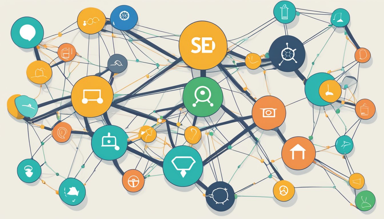 Et nett av sammenkoblede noder, som representerer lenkestrategier og intern lenking for SEO Yoast