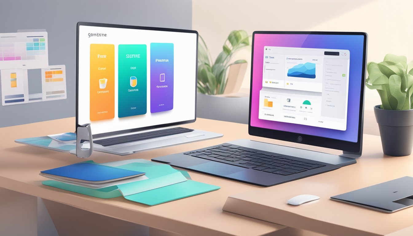 A computer with design software open, displaying a sleek and modern logo for an online store. Color palette and font options visible on the screen