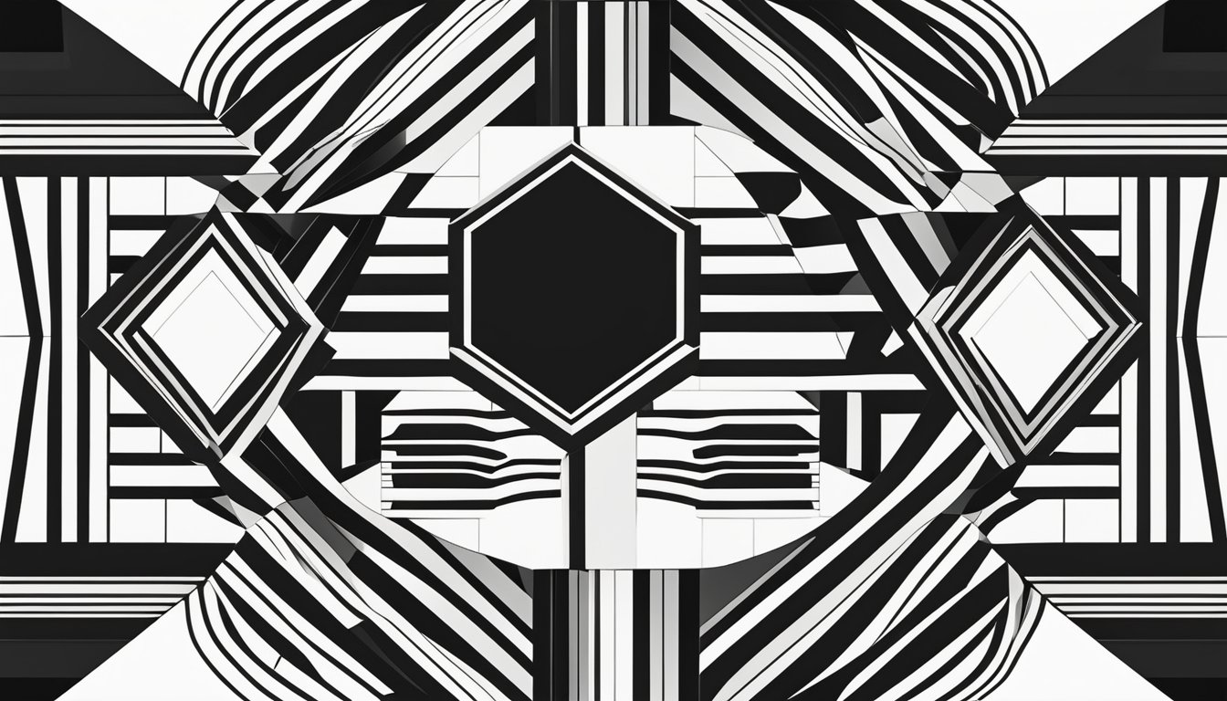 A minimalist, symmetrical composition with bold lines and geometric shapes in black and white. The design exudes balance, unity, and simplicity