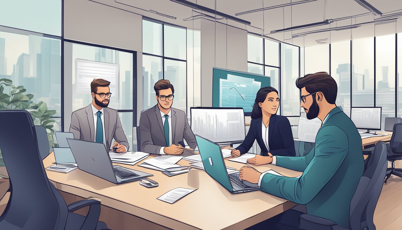 A group of lawyers discussing marketing strategies in a modern office setting with legal documents and computer screens in the background