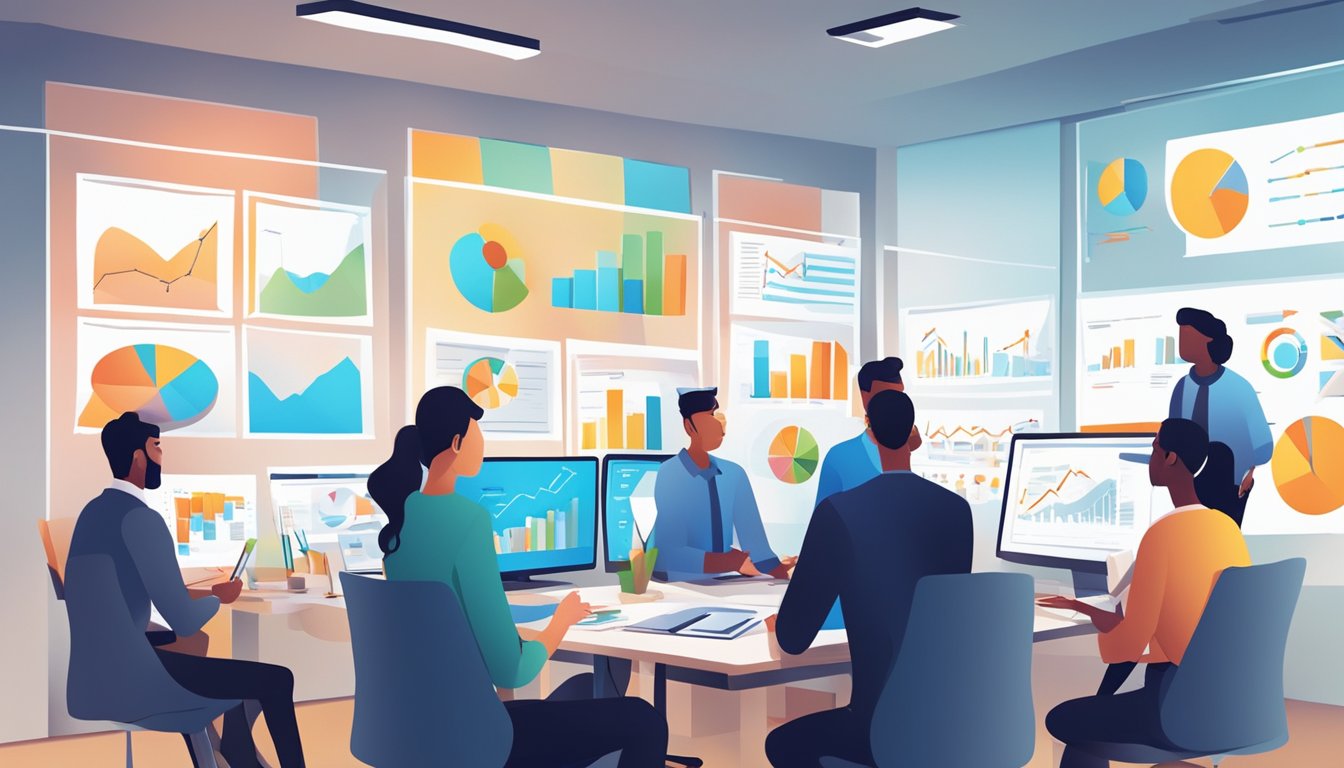 A group of people brainstorming and planning in a modern office setting with charts and graphs on the walls