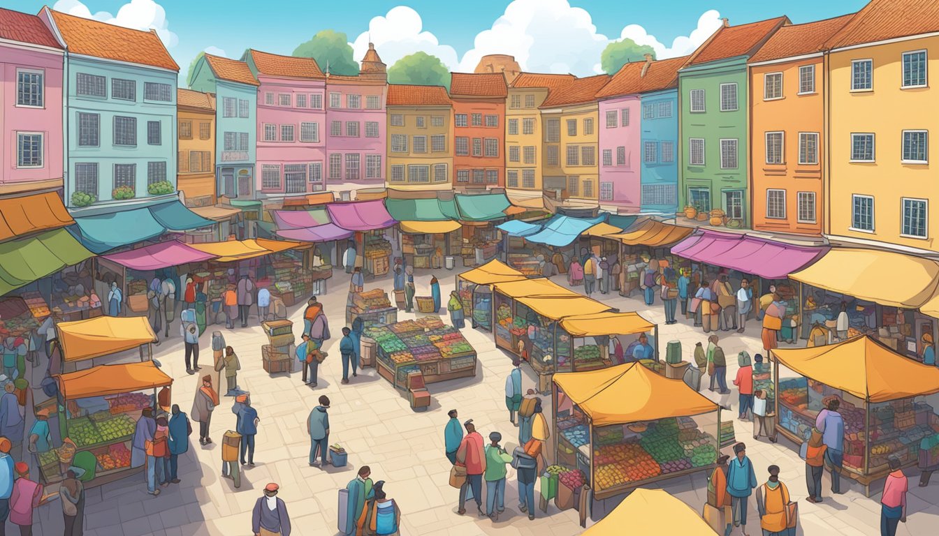 A busy market square with vendors selling goods and customers browsing. Colorful stalls and banners fill the space, creating a lively atmosphere