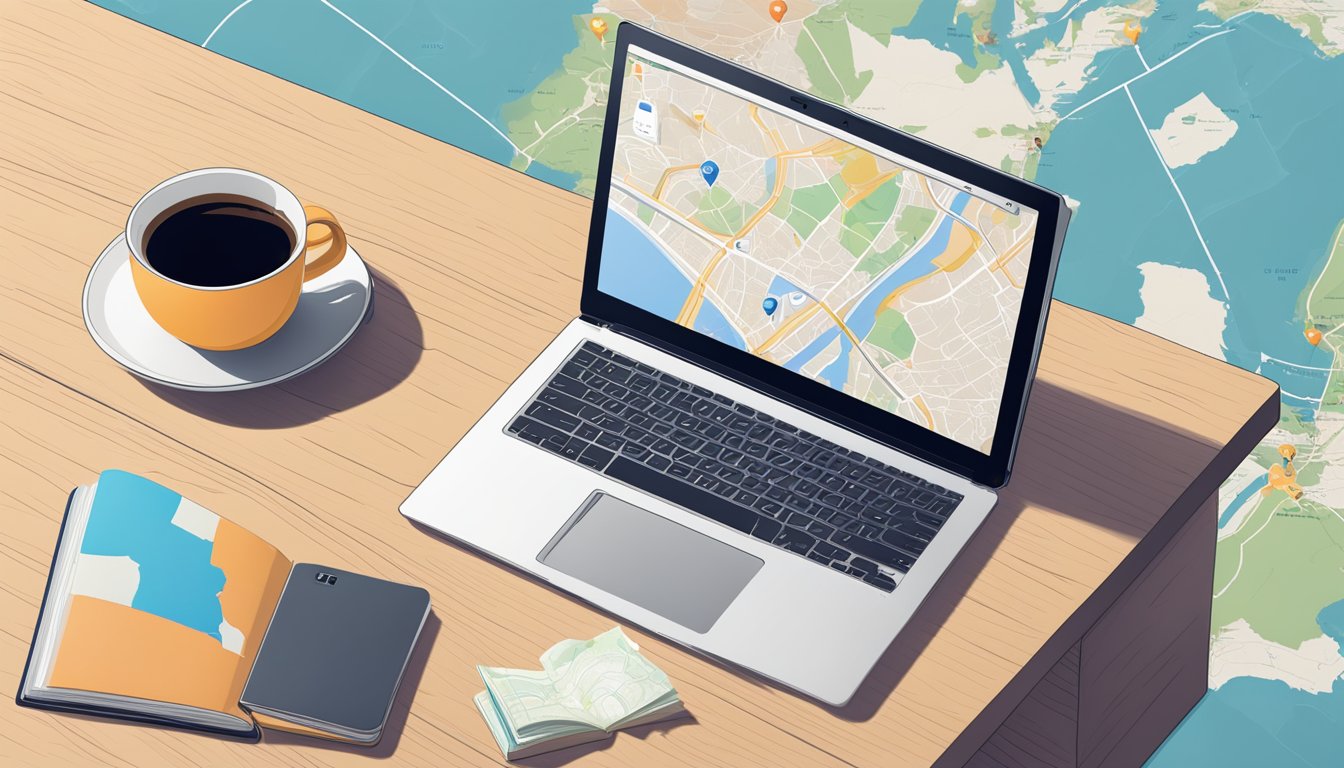 A laptop on a desk with a map, coffee, and a "Local SEO" book
