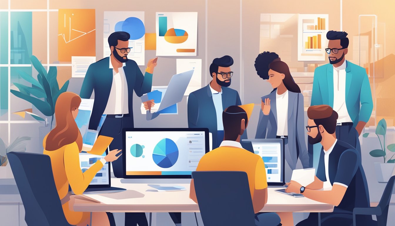 Et team av fagfolk som diskuterer og samarbeider i et moderne kontormiljø med digitale enheter og markedsføringsmateriell