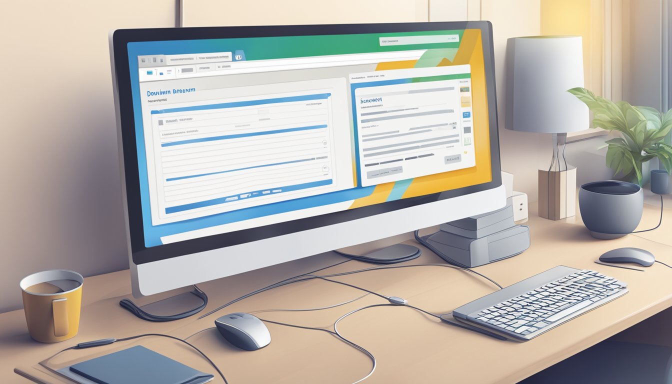 A computer screen displaying the process of domain name registration, with a keyboard and mouse nearby
