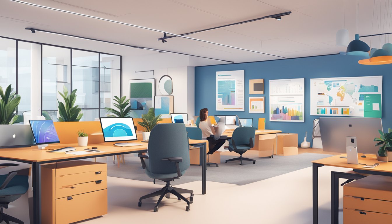 A vibrant, modern office space with a sleek, minimalist design. The branding agency's logo is prominently displayed on the wall, surrounded by creative marketing materials and digital screens showcasing various campaigns