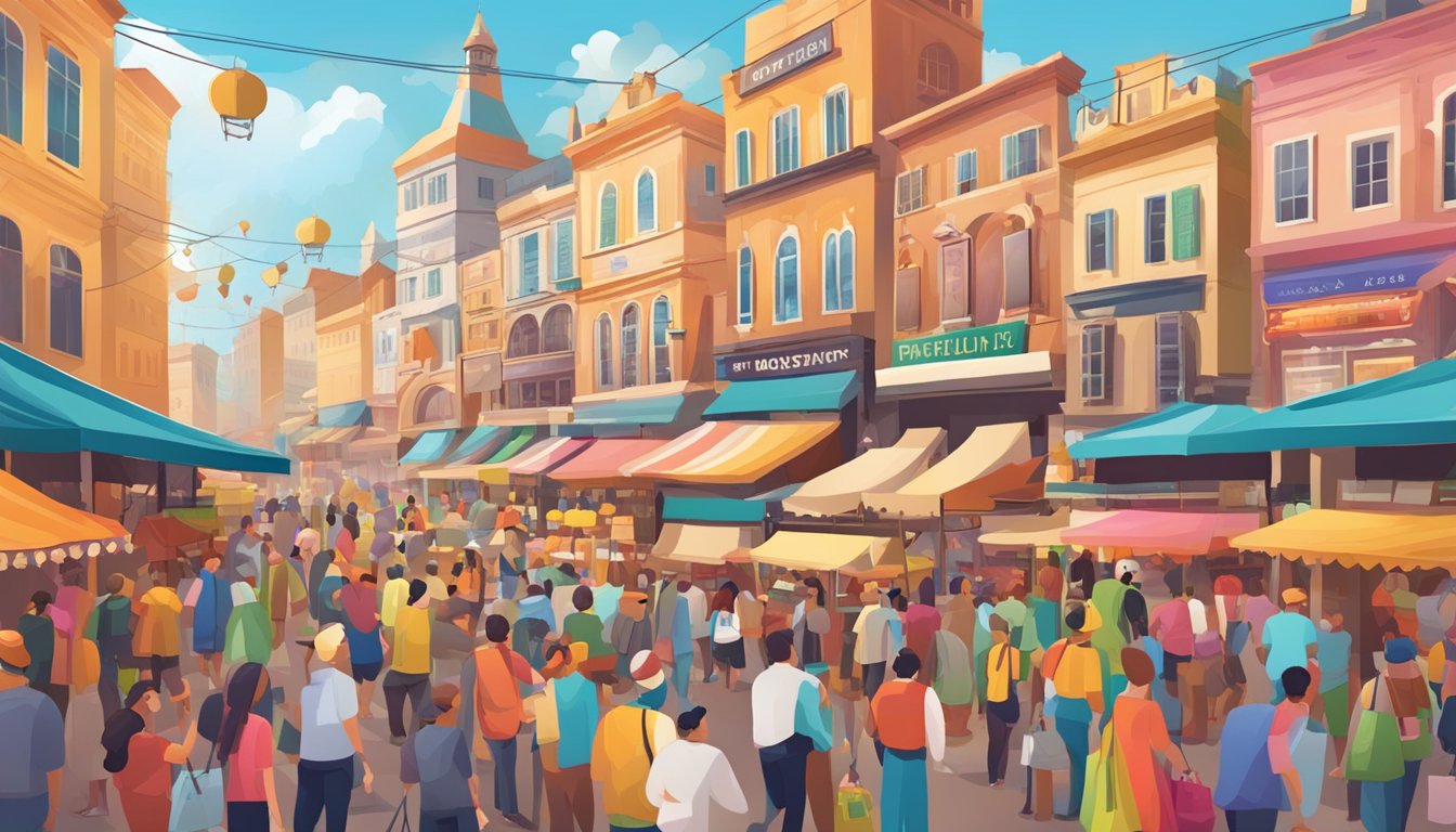 A bustling marketplace with colorful stalls and vibrant signage, attracting a diverse crowd of shoppers and vendors