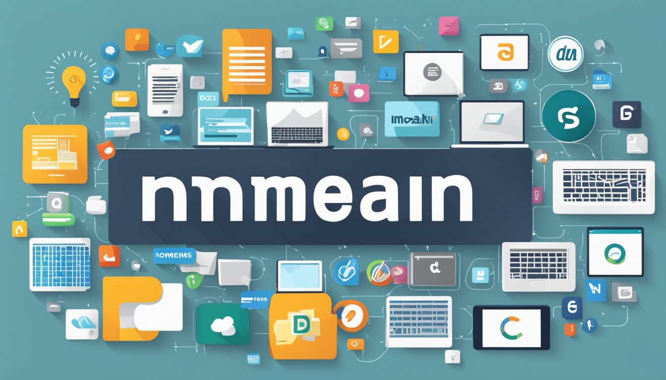 A business logo surrounded by various domain names, symbolizing the importance of domain names for companies