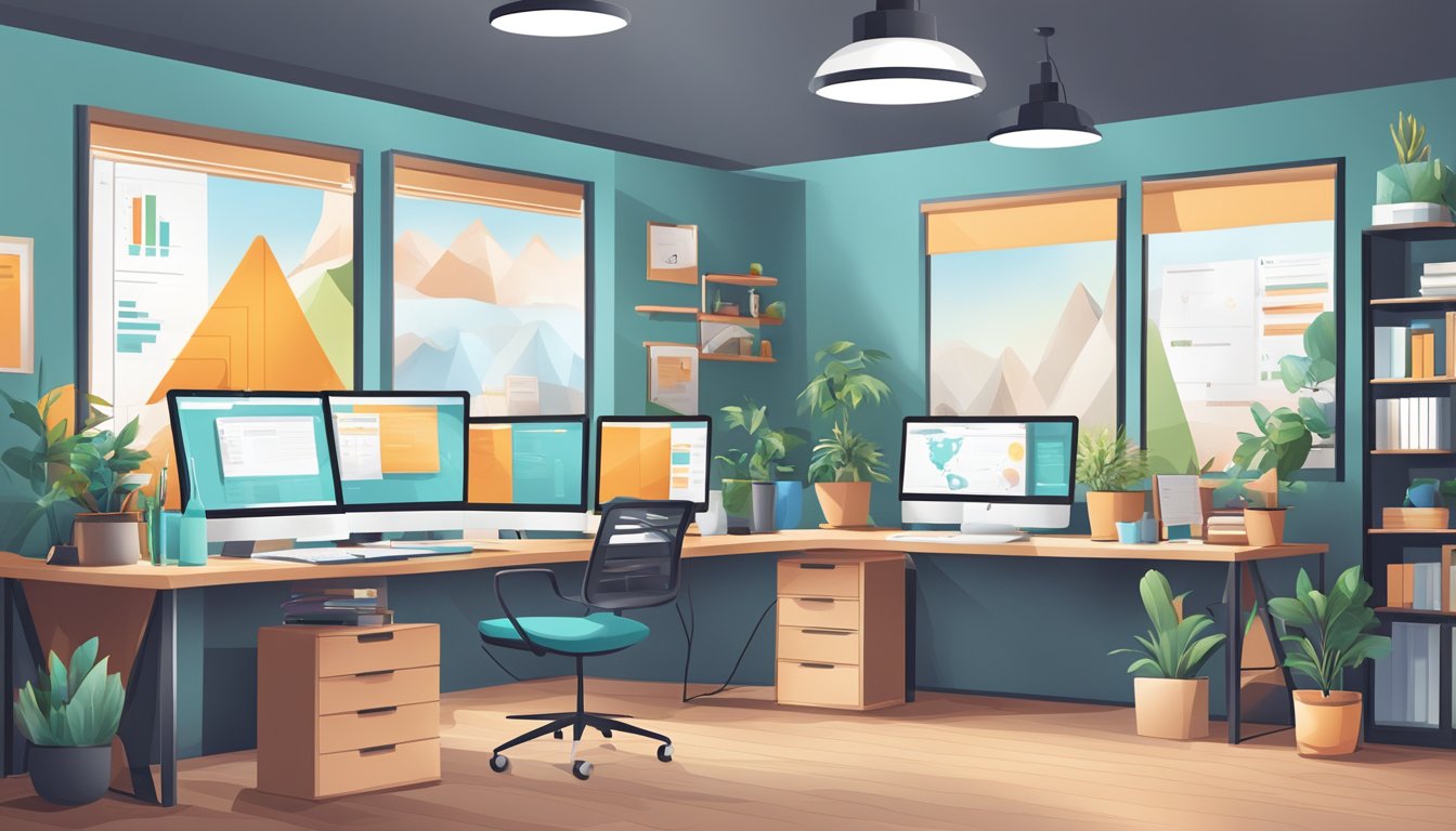A digital marketing agency office with computers, charts, and content creation tools