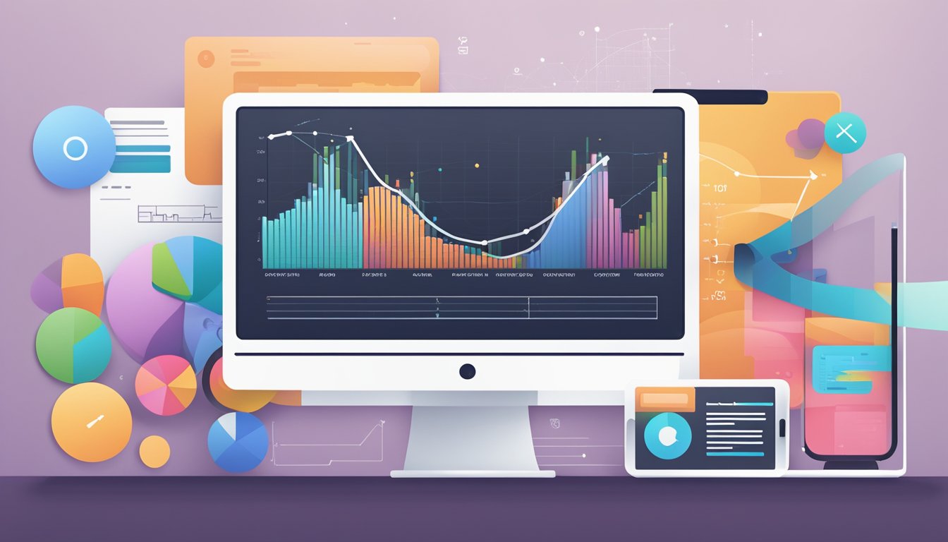 A computer screen displaying marketing and analytics websites with graphs and charts