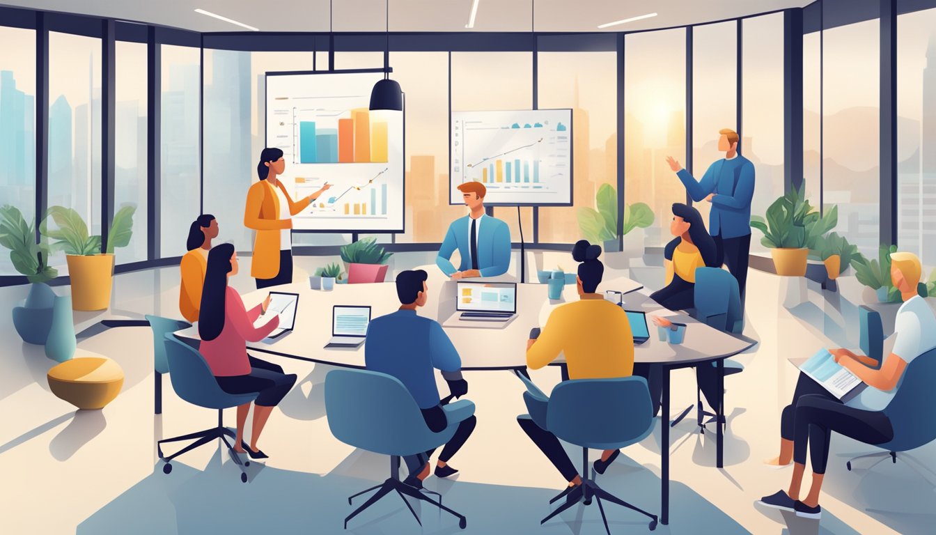 A group of people brainstorming and planning marketing strategies in a modern office setting