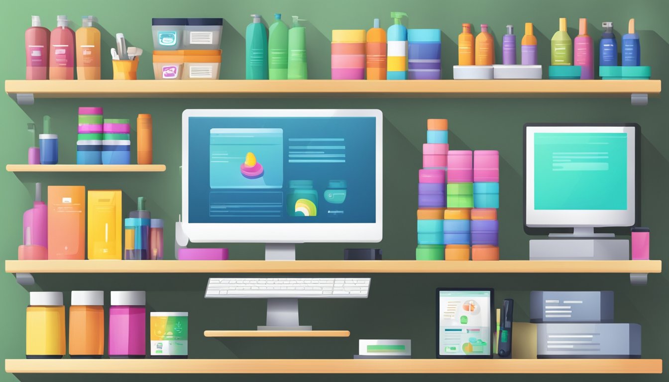 A colorful array of products displayed on shelves, with happy customer testimonials and positive reviews on a computer screen