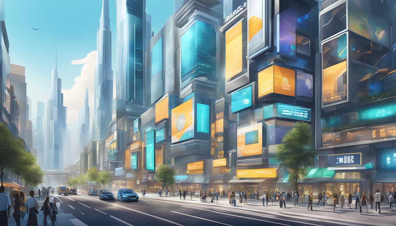 En travel bygate med futuristiske bygninger og digitale reklameskilt