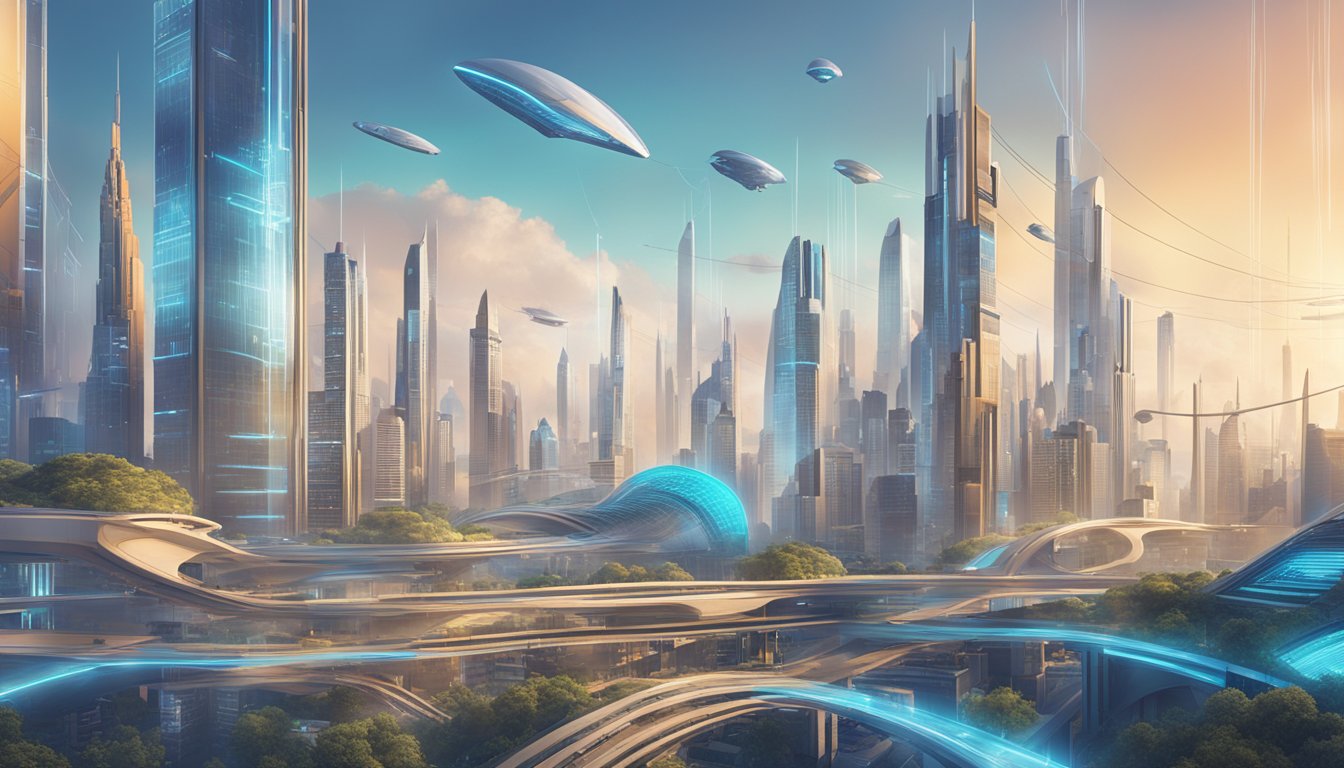 En futuristisk bysilhuett med digitale grensesnitt som smelter sammen med tradisjonell arkitektur