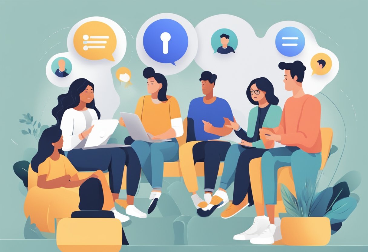 A group of people interacting and engaging on social media platforms, showing various emotions and behaviors
