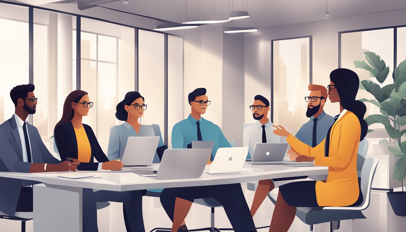 A group of professionals discussing marketing strategies in a modern office setting