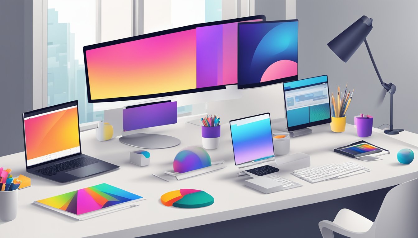 A modern graphic design studio with sleek computers, vibrant color swatches, and innovative design tools on a clean, minimalist desk