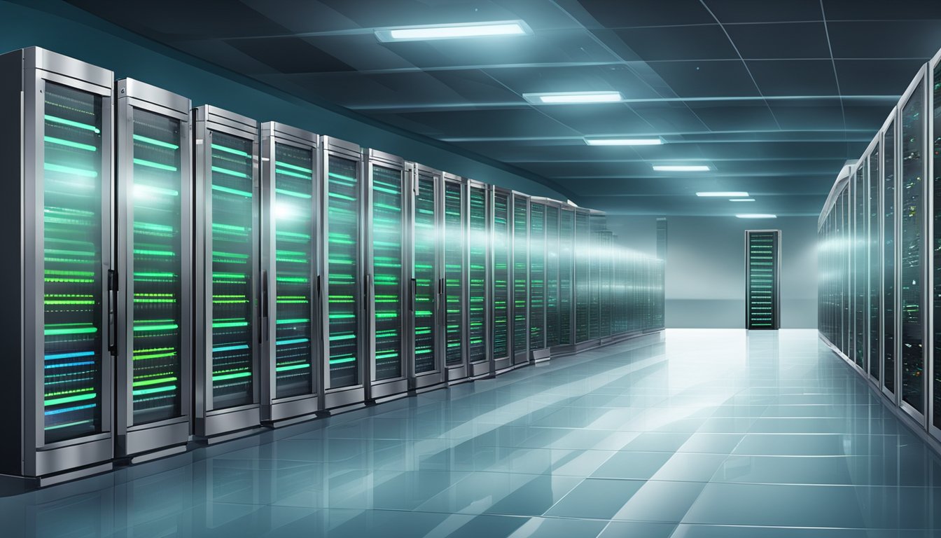 Et strømlinjeformet, moderne serverrom med rader av blinkende lys og summende maskiner, som indikerer avanserte hostingløsninger for webhosting.