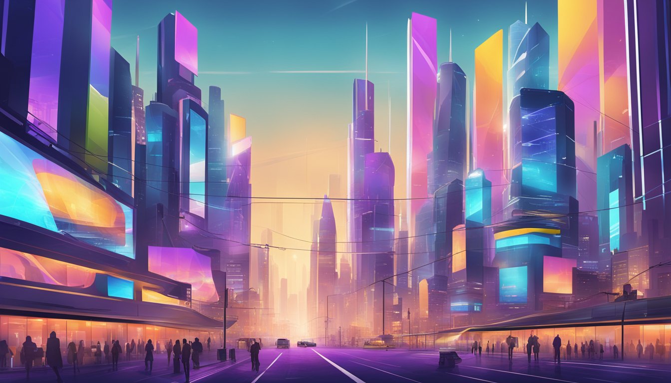 A futuristic city skyline with digital billboards and screens displaying marketing content. Bright, dynamic colors and sleek, modern architecture create a sense of innovation and progress in digital marketing