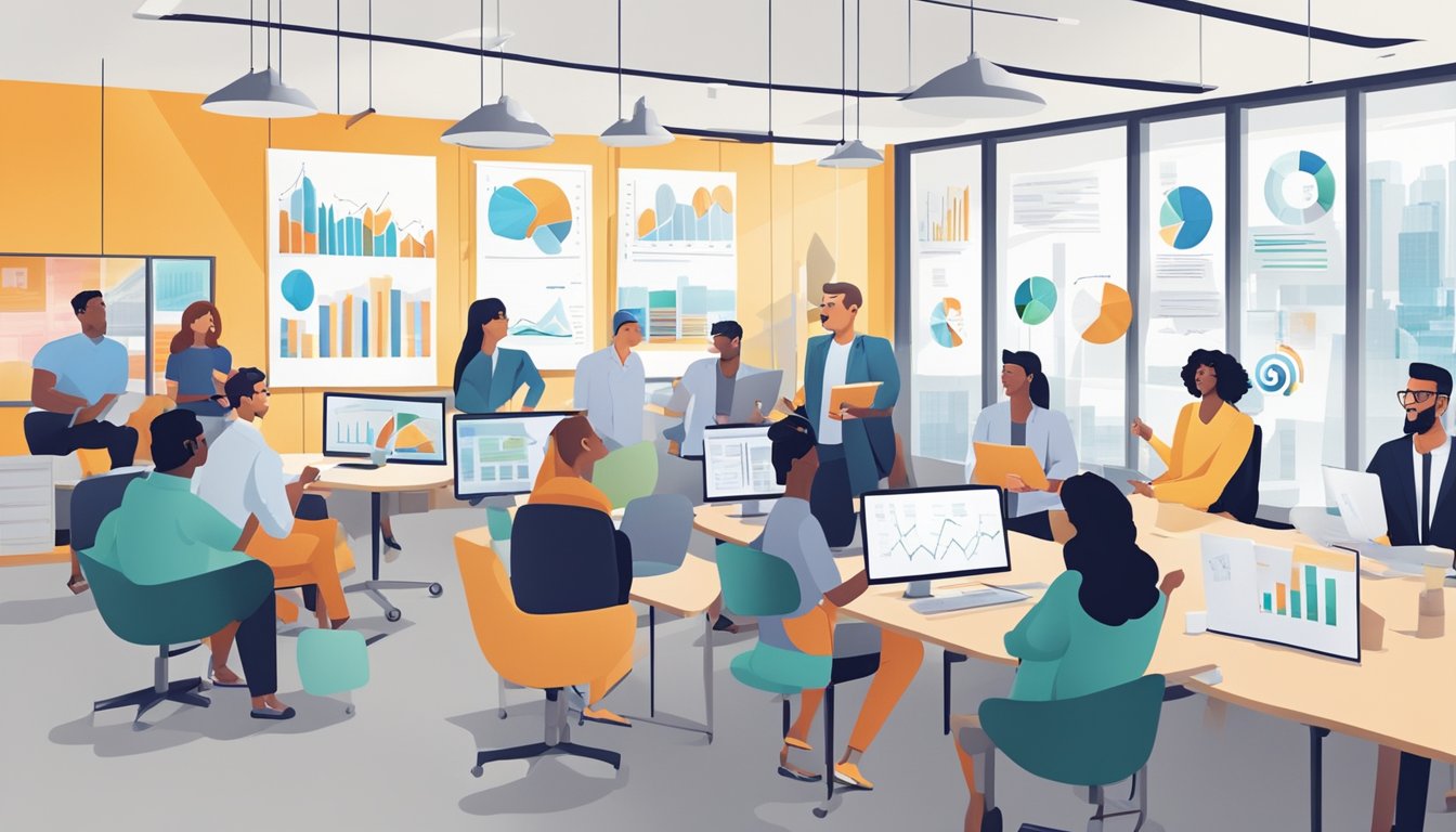 A group of people discussing and brainstorming in a modern office setting, with charts and graphs displayed on the walls