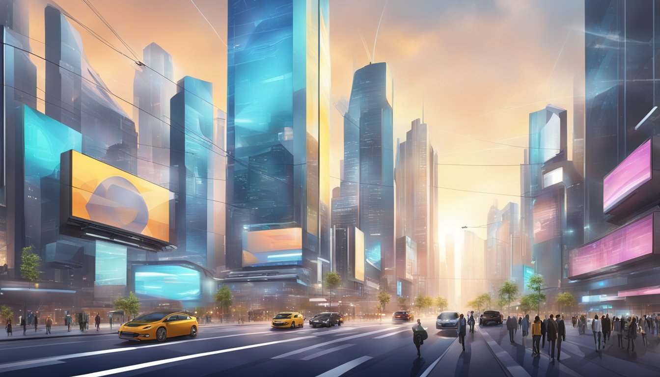 En travel bygate med futuristiske bygninger og digitale reklameskilt, som viser fremgangen innen teknologi og digital forretningsutvikling.