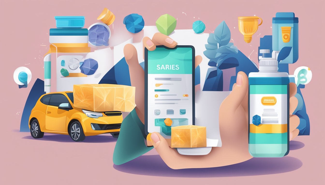 A hand holding a product with a service being promoted in the background
