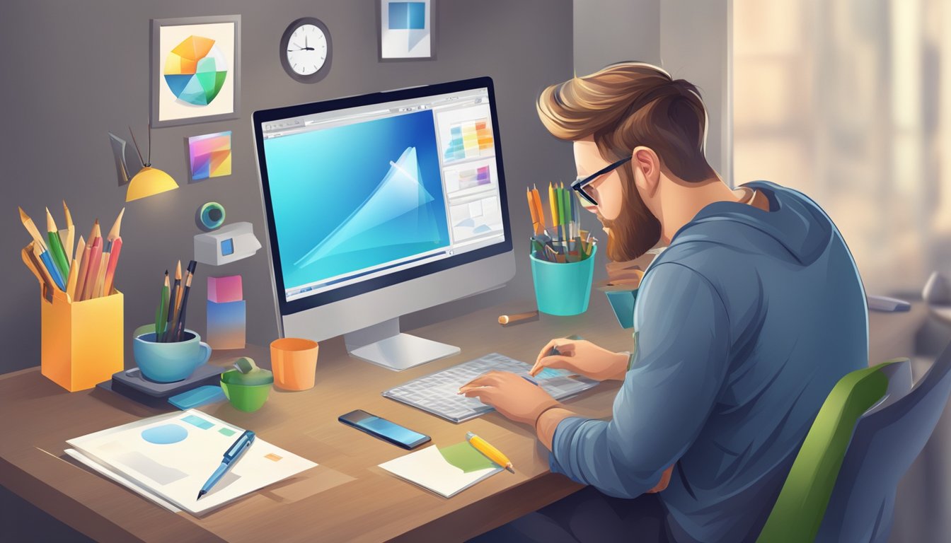 A professional designer creating a logo illustration with various design tools and computer software