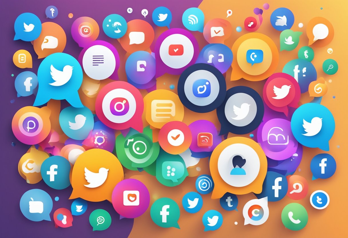 A bustling social media platform with colorful icons and chat bubbles, displaying a variety of content and interactions