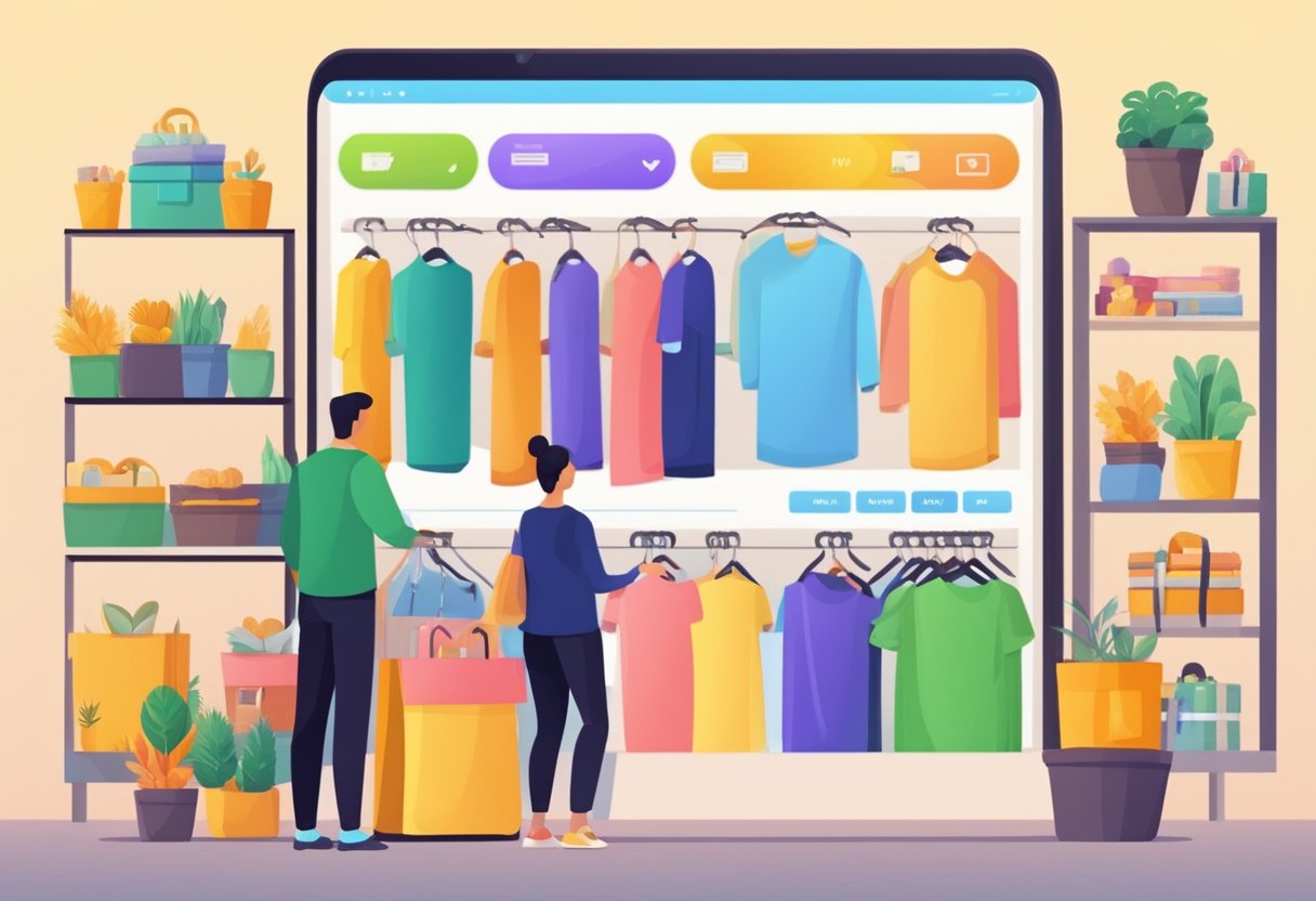 An online store with a variety of products displayed on a digital screen. Customer reviews and ratings are visible, with a secure payment option