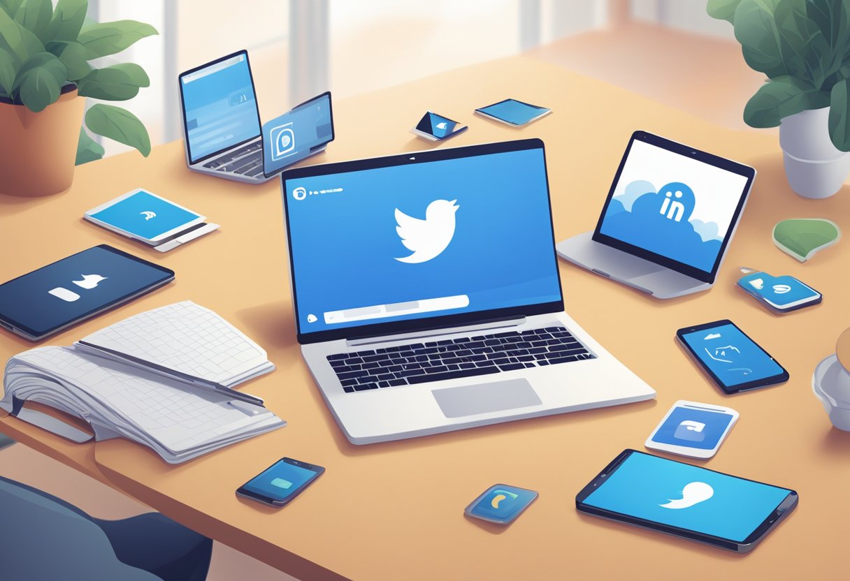 A laptop and smartphone sit on a table, displaying various social media platforms. A speech bubble with "Sosiale Mediers Rolle i Kommunikasjon" hovers above, symbolizing communication through social media