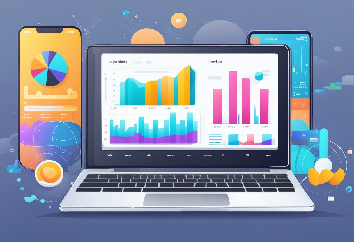 A laptop displaying social media analytics charts and graphs with a smartphone beside it showing a trending hashtag