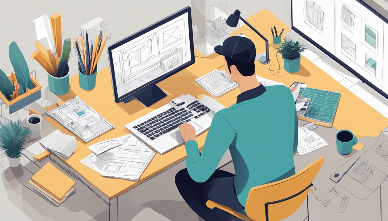 A person sitting at a desk, sketching wireframes and layouts for a website on a computer, surrounded by design tools and inspiration materials