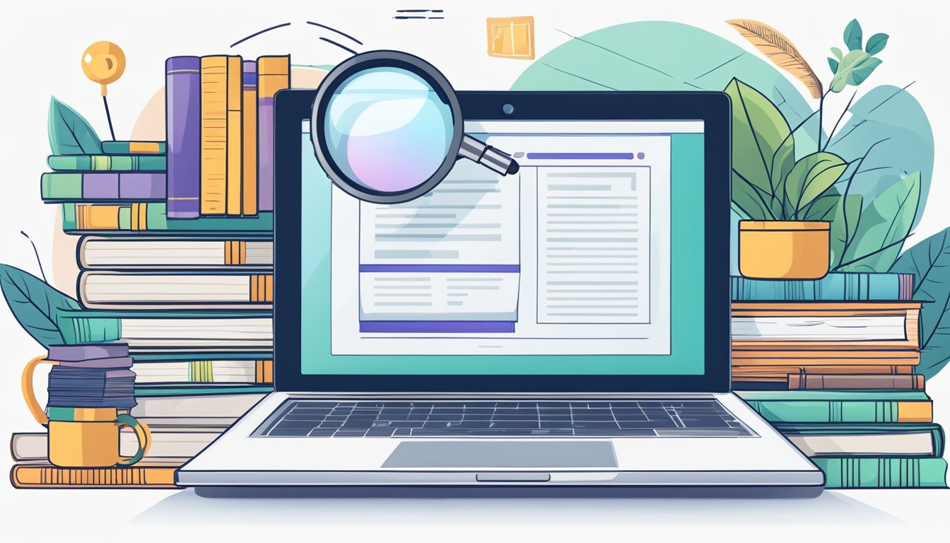 A laptop surrounded by books, with a magnifying glass and a notepad. The screen displays a keyword research tool for SEO