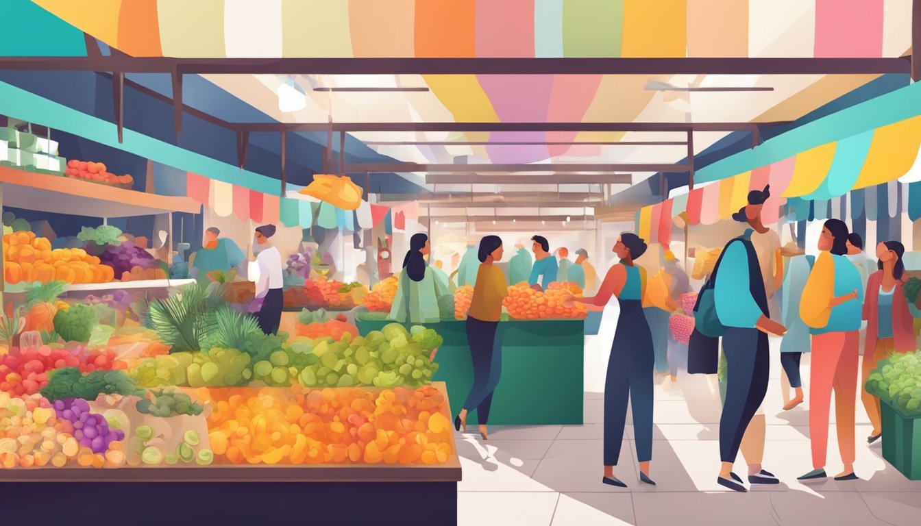 A colorful and vibrant marketplace with various ethical products on display, surrounded by happy and engaged customers